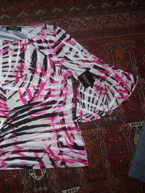 KASPER Women's Polyester Blouse 3/4 Bell Sleeve Geometric Pink Blk Cutout Neck L